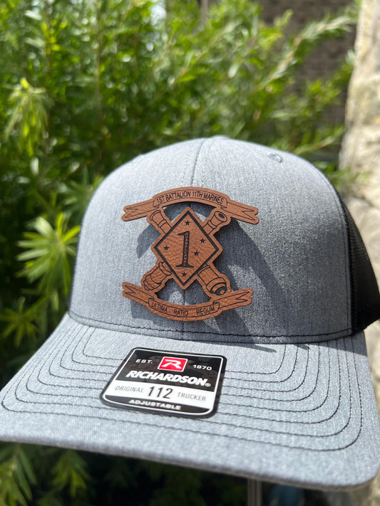 USMC 1st Battalion 11th Marines Leather Hat Patch Richardson Hat