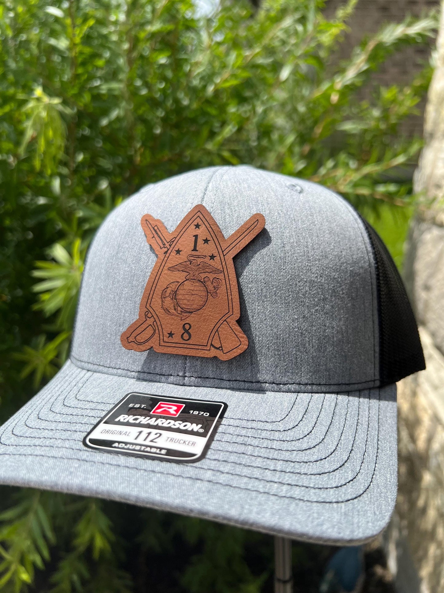 USMC 1st Battalion 8th Marines Leather Hat Patch Richardson Hat
