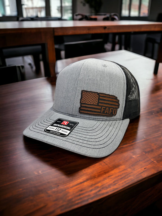 Us Flag Tattered FAFO Leather Hat Patch Richardson Hat