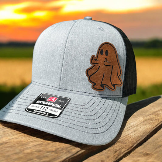 Flip Off Ghost Halloween Costume Leather Hat Patch Richardson Hat