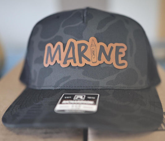 USMC Marines Crayon Leather Hat Patch Richardson Hat Mesh Back Snap Back | Salty Vet |