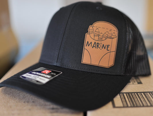 USMC Marines Crayon Box Leather Hat Patch Richardson Hat Mesh Back Snap Back | Salty Vet |