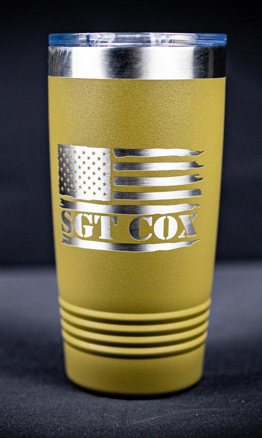 Personalized Military Travel Tumbler - American Flag Design with Custom Rank and Name - 20oz Polar Camel with Clear Slider Lid