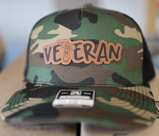Military Veteran Crayon Leather Hat Patch Richardson Hat Mesh Back Snap Back | Salty Vet |