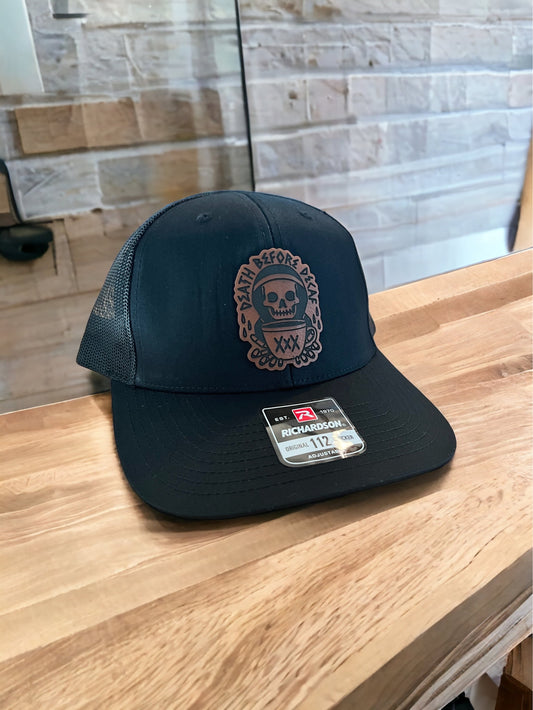 Death Before Decaf Coffee Leather Hat Patch Richardson Hat